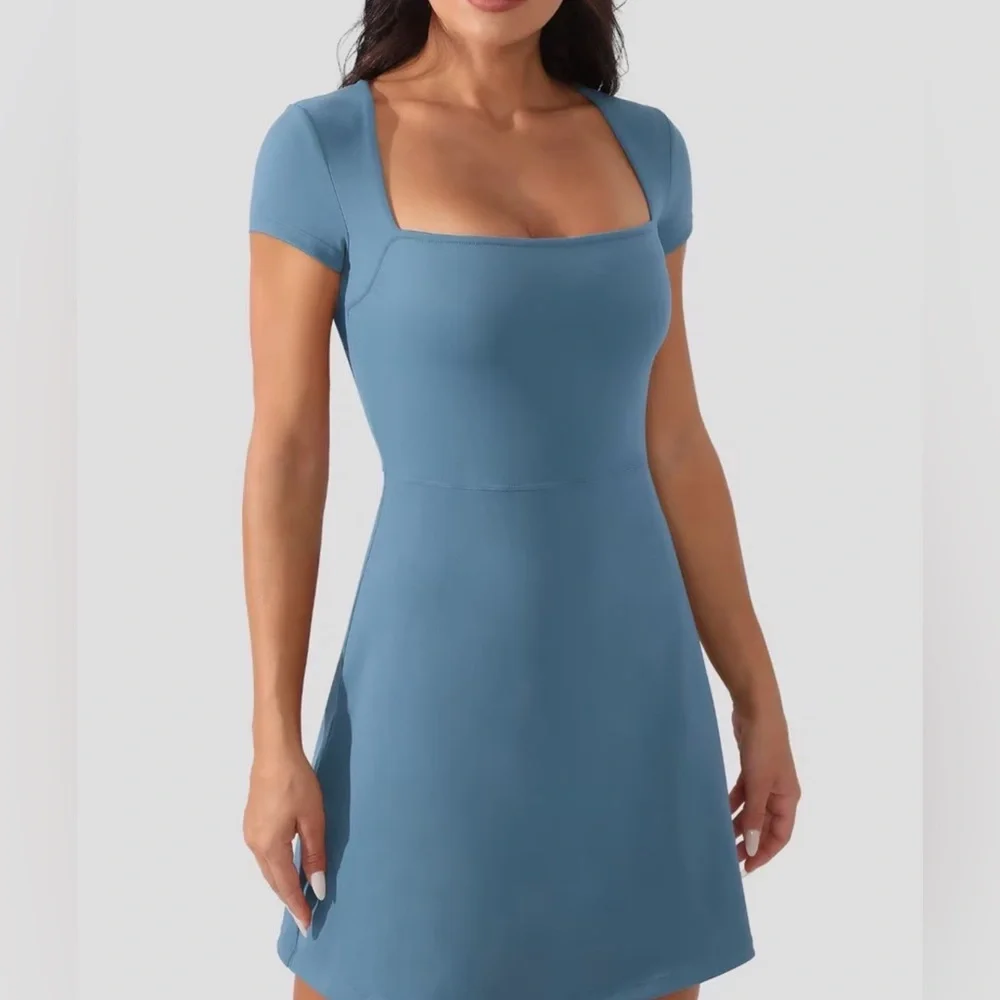 Medium Peacock Blue Women's Tennis Dress w/ pockets/ fitted/ skorts/ athletic - Picture 14 of 15